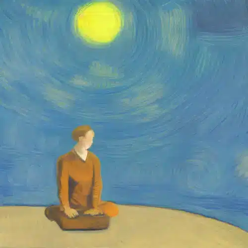 La imagen debe representar a una persona practicando técnicas de mentalidad o relajación para gestionar eficazmente la ansiedad laboral y promover el bienestar general.